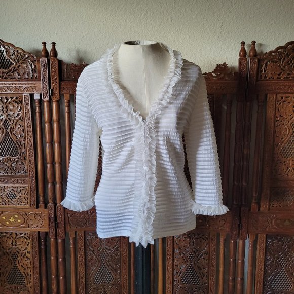 Ruffled Ribbed Sheer Zippered White Blouse - Picture 1 of 15